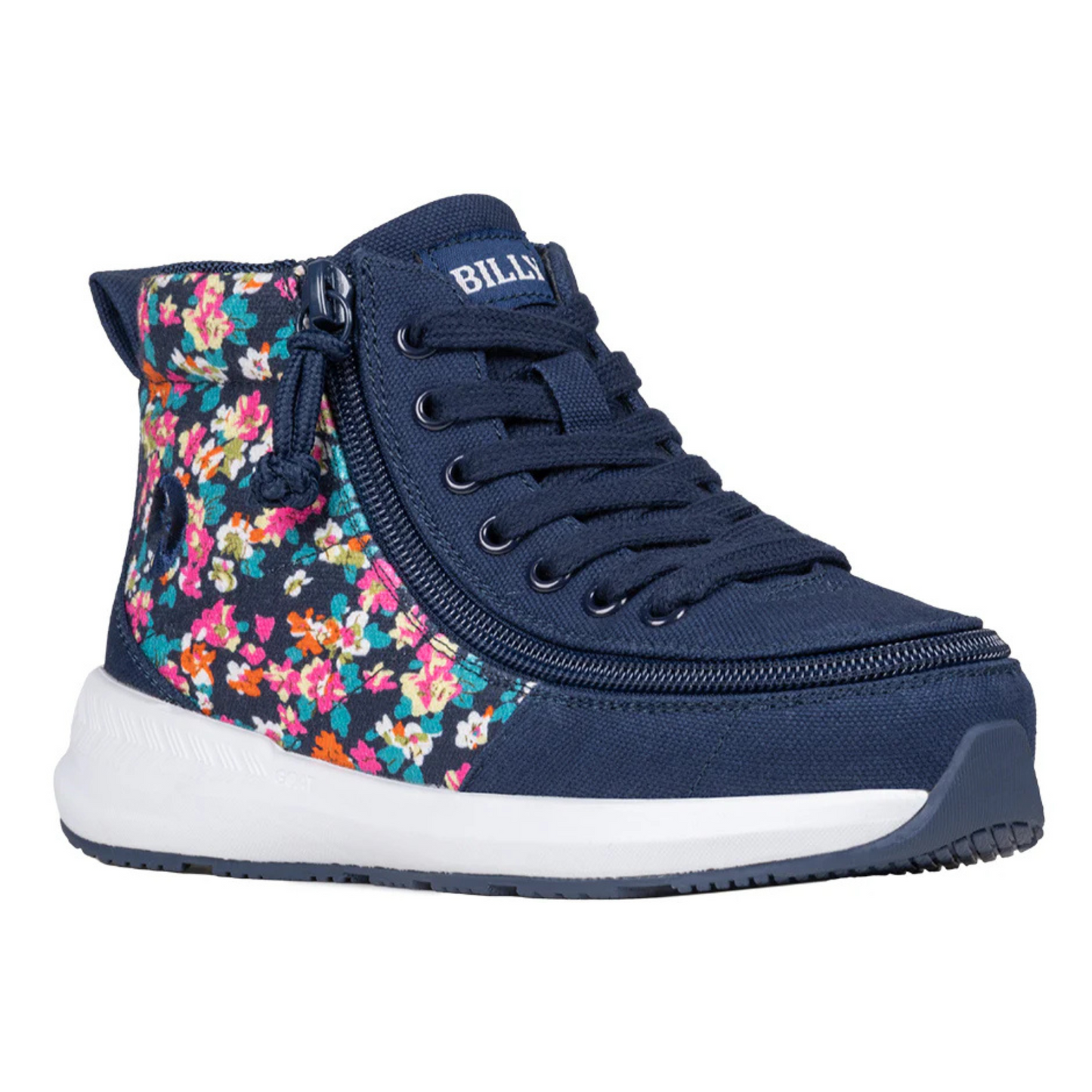 Billy Footwear Goat High Top Sport Navy Floral shoe with floral design, featuring a full wrap zipper for easy access, AFO-friendly, and interchangeable cushioned inserts.