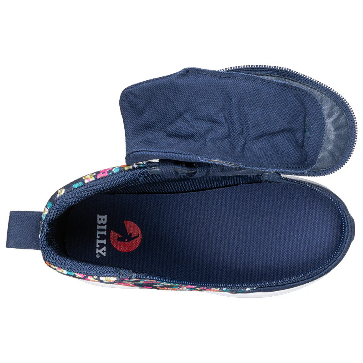 Billy Footwear Toddler Goat High Top Sport Navy Floral with colorful design, wrap-around zipper, and interchangeable inserts for easy access and AFO compatibility.