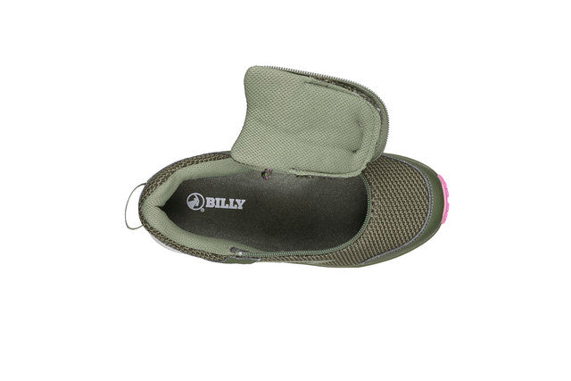 Women's Olive/Pink BILLY Inclusion Trail sneakers with padded collar and innovative short-wrap zipper for easy all-day wear.