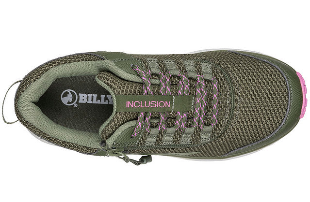Women's Inclusion Trail Olive/Pink sneakers with padded collar, comfortable insole, and innovative zipper for easy wearing, designed for accessibility and style by Billy Footwear.