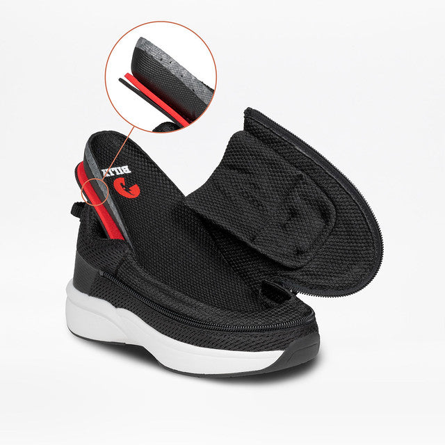 Womens Black Limitless Low Top Shoes with FlipTop Technology and wrap-around zipper, designed for comfort and independence by Billy Footwear, featuring interchangeable cushioned inserts.