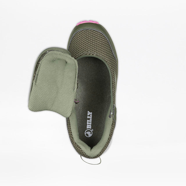 Women's Inclusion Trail Olive/Pink sneakers featuring a pink sole, padded collar, and innovative zipper for easy wearing, designed for style and accessibility.