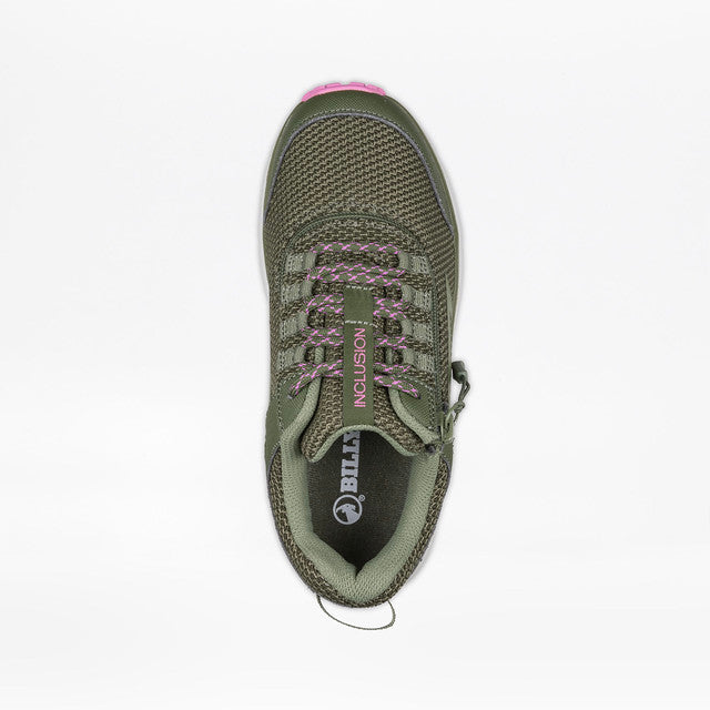 Close-up of Women's Olive/Pink BILLY Inclusion Trail sneakers featuring a padded collar and innovative short-wrap zipper for easy access and all-day comfort.