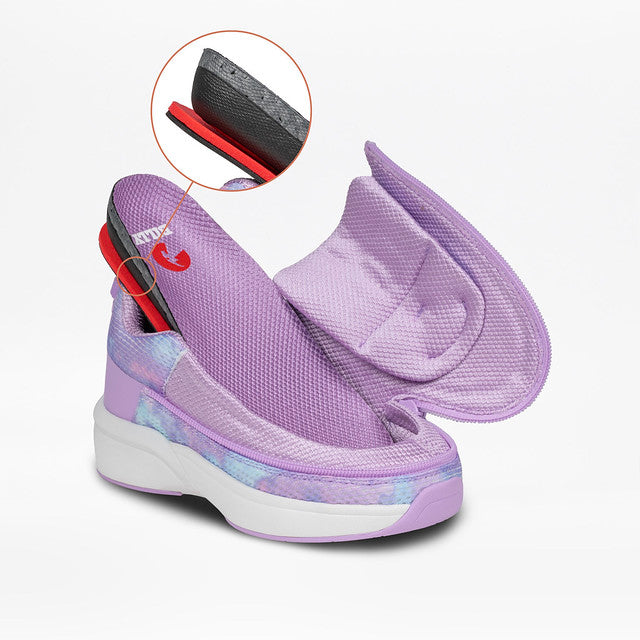 Toddler - Lilac Watercolour Limitless Low Top Shoe with Velcro flap open, showcasing roomy interior and removable insole, designed for comfort and independence.