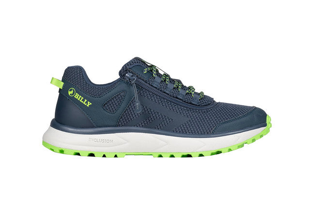 Men's Navy/Green BILLY Inclusion Trail shoes with wrap-around zipper, padded collar, and traction outsole, designed for comfort and easy access.