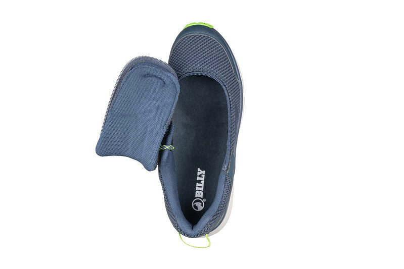 Men's Navy/Green BILLY Inclusion Trail shoe with a slip-on design, hiking-inspired, featuring a green sole and a short-wrap zipper for easy access.