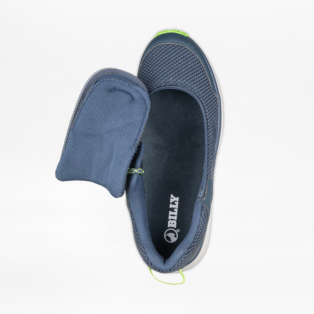 Men's Navy/Green BILLY Inclusion Trail sneaker with green sole, hiking-inspired design, padded collar, and easy short-wrap zipper for accessibility and comfort.