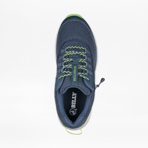 Men's Navy/Green BILLY Inclusion Trail shoe, featuring a hiking-inspired design, traction outsole, padded collar, cushioned insole, and innovative short-wrap zipper for easy access.