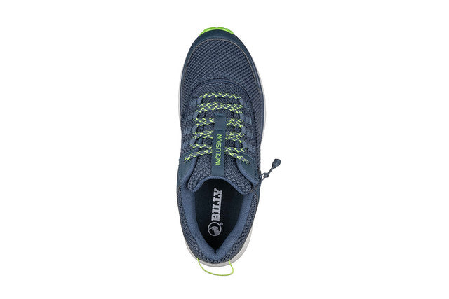 Men's Navy/Green BILLY Inclusion Trail shoes, featuring a hiking-inspired design, traction outsole, padded collar, cushioned insole, and short-wrap zipper for easy wear.