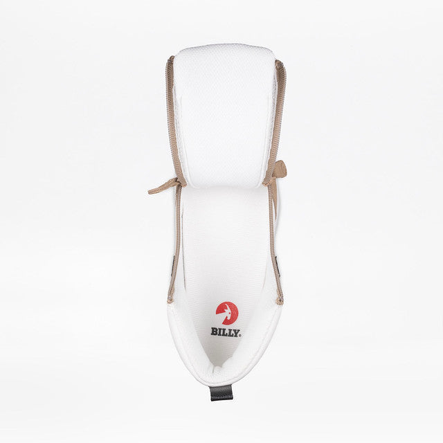 Billy Footwear Women's Comfort DZ High in white and tan, featuring double zippers for ease, faux leather, and suede, designed for comfort and style.