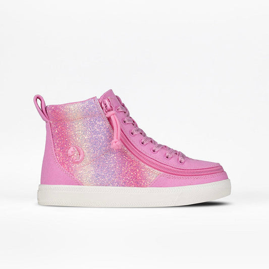 Billy Footwear (Toddler) - High Top Pink Glitz Canvas Shoes featuring a unique wrap-around zipper and lace-up design for easy access and comfort.