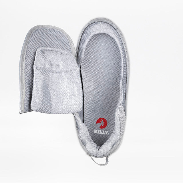 Billy Footwear Women's Grey Limitless Low Top Shoes featuring FlipTop Technology, sensory-friendly design, and wrap-around zipper for easy wear and removal.