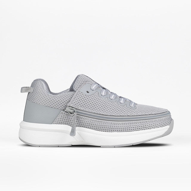 Grey BILLY Limitless low top shoe with wrap-around zipper closure and interchangeable footbed, designed for comfort and ease, promoting independence for all.