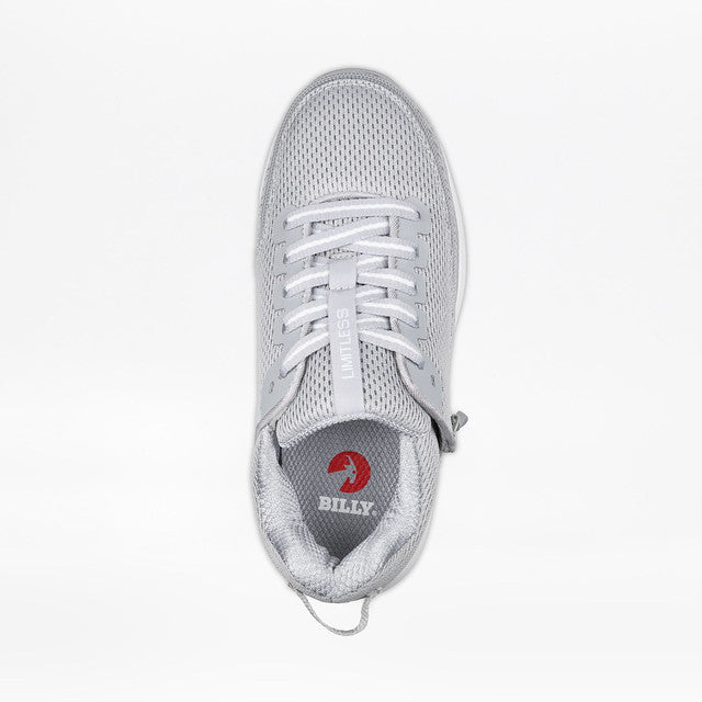 Billy Footwear (Womens) - Grey Limitless Low Top Shoes feature a close-up of a lace-up sneaker with adaptive FlipTop Technology for easy on and off.