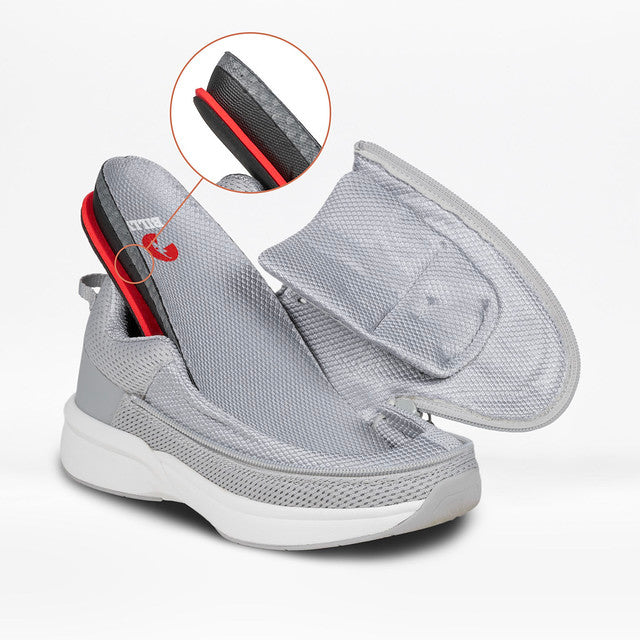 Grey BILLY Limitless sneaker with red stripe, featuring FlipTop Technology and wrap-around zipper for easy wear, designed for comfort and sensory-friendly support.