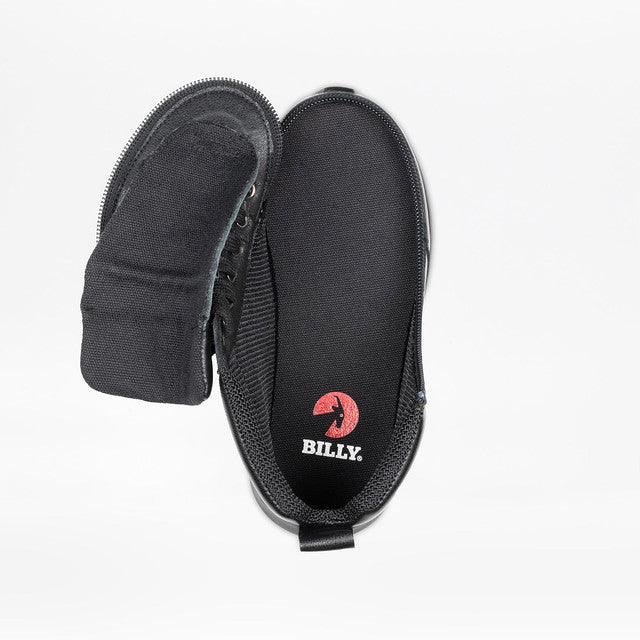 Billy Footwear Kids' Goat High Top Sport Black Leather with zipper closure, designed for easy wear, featuring adaptive, flexible construction and interchangeable cushioned footbed inserts.