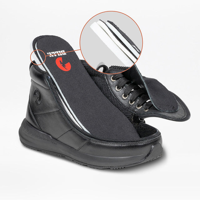 Billy Footwear (Kids) - Goat High Top Sport Black Leather, featuring FlipTop Technology and a wrap-around zipper, shown with a removable insole for easy access and comfort.