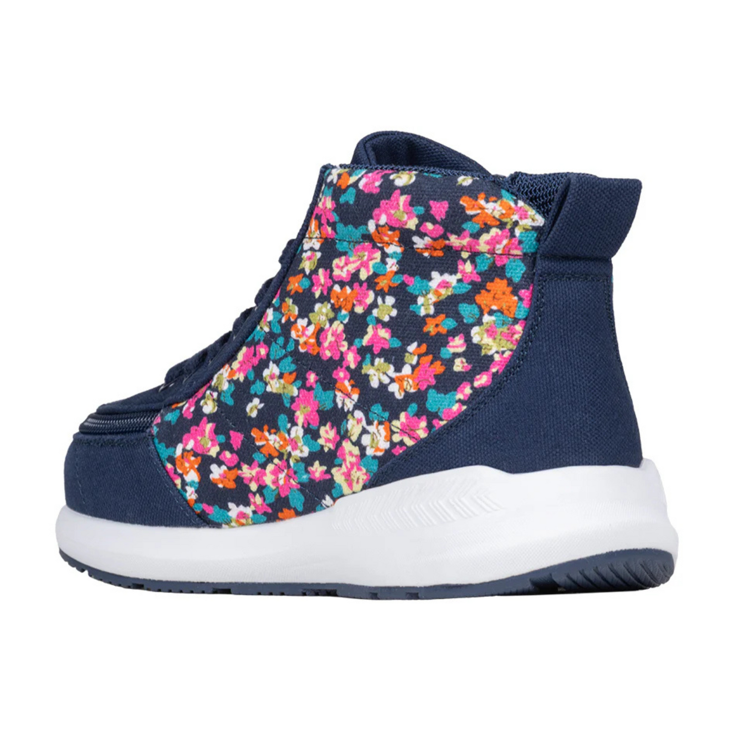 Billy Footwear (Toddler) - Goat High Top Sport Navy Floral, close-up showing FlipTop Technology with wrap-around zipper, designed for easy accessibility and AFO compatibility.