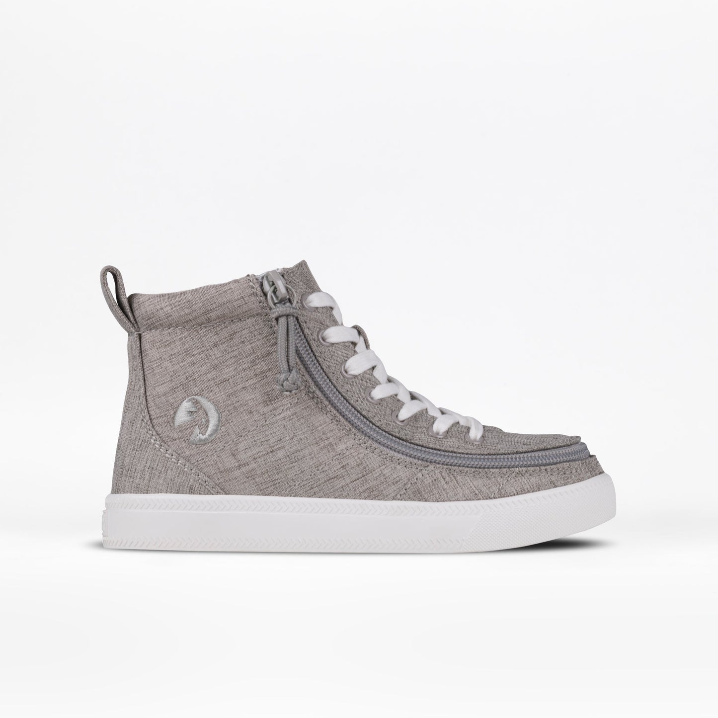 Grey Jersey BILLY Classic Lace High Top sneaker with white laces, featuring a sleek design suitable for various outfits, available in kid sizes.