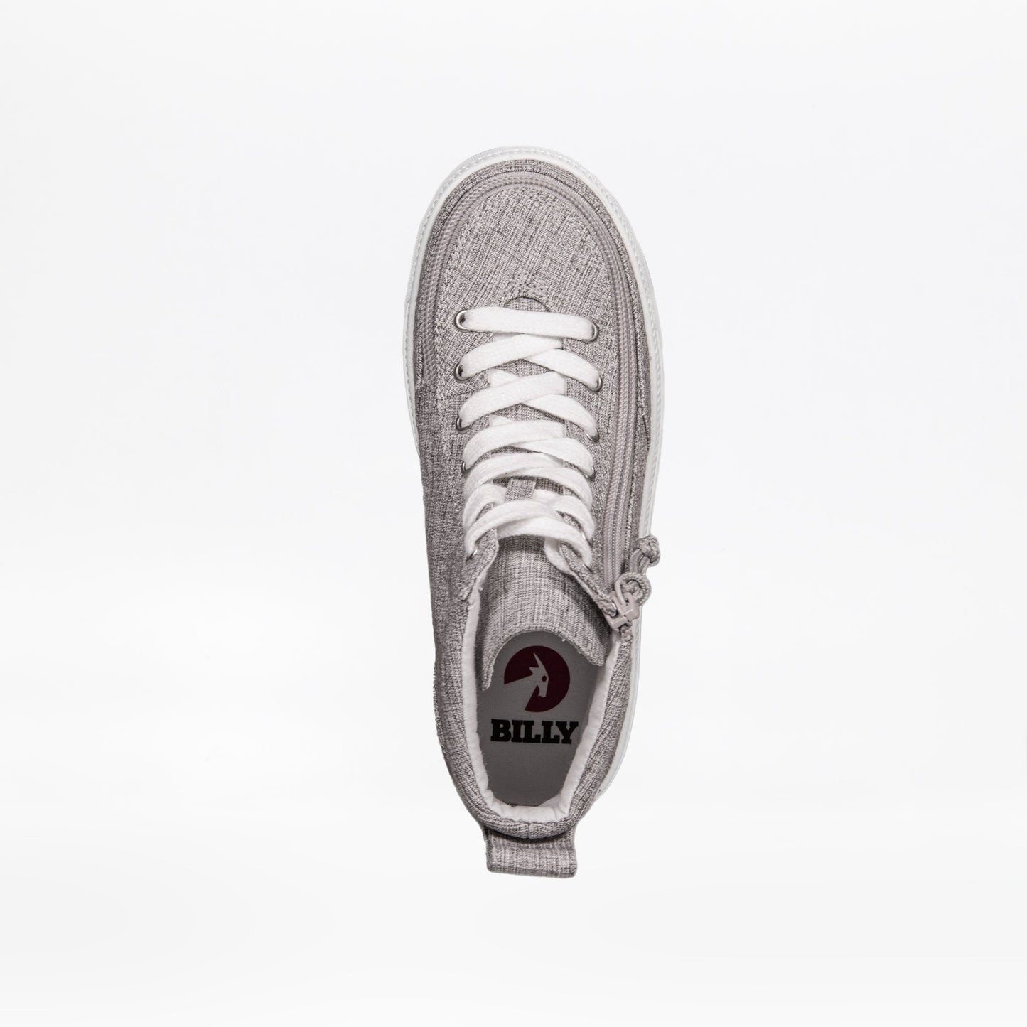 Grey Jersey BILLY Classic Lace High Top shoe with white laces, featuring a close-up of the logo and designed for easy accessibility.