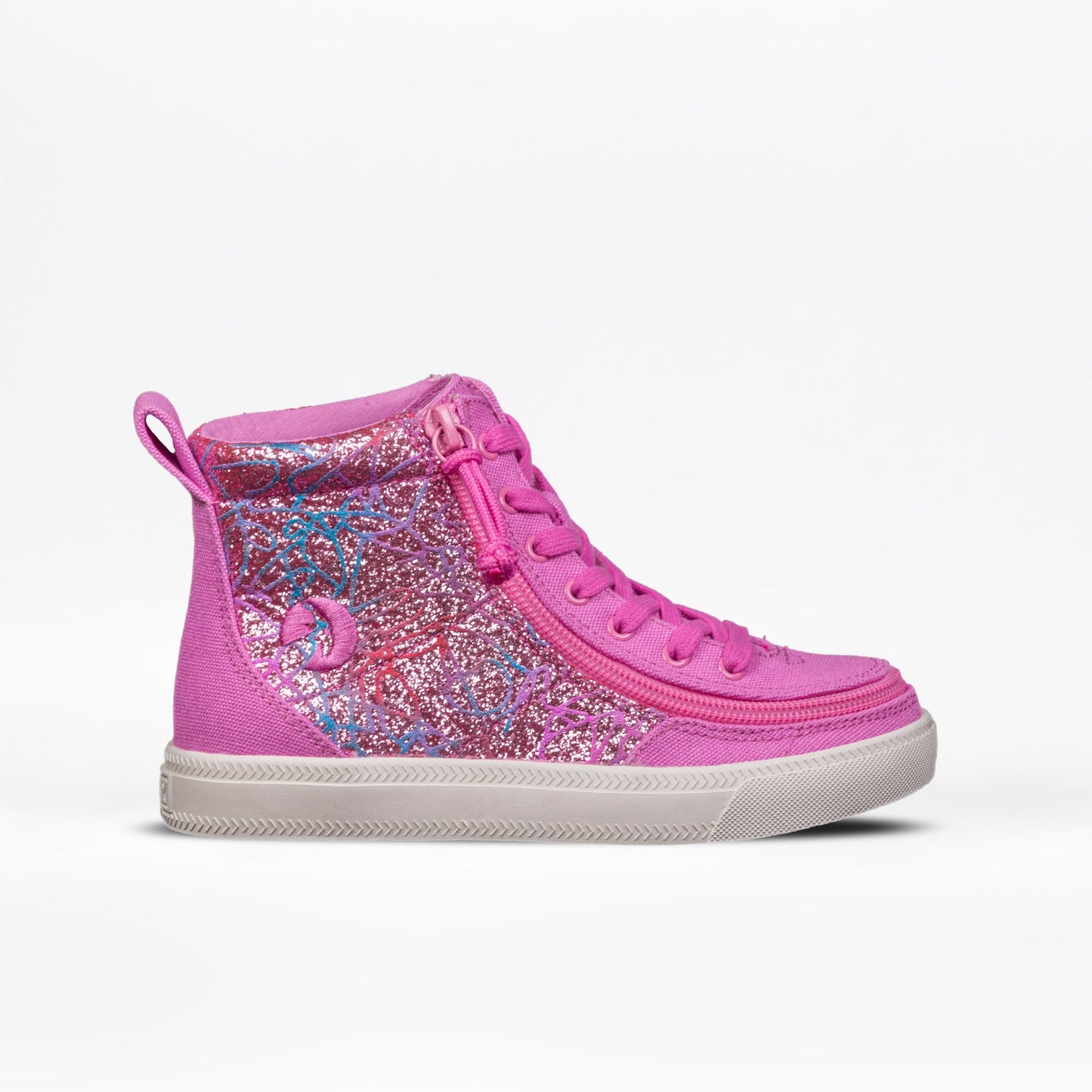 Toddlers - Pink Print BILLY Classic Lace High Tops in various sizes, featuring lace design and easy zip closure for accessibility.