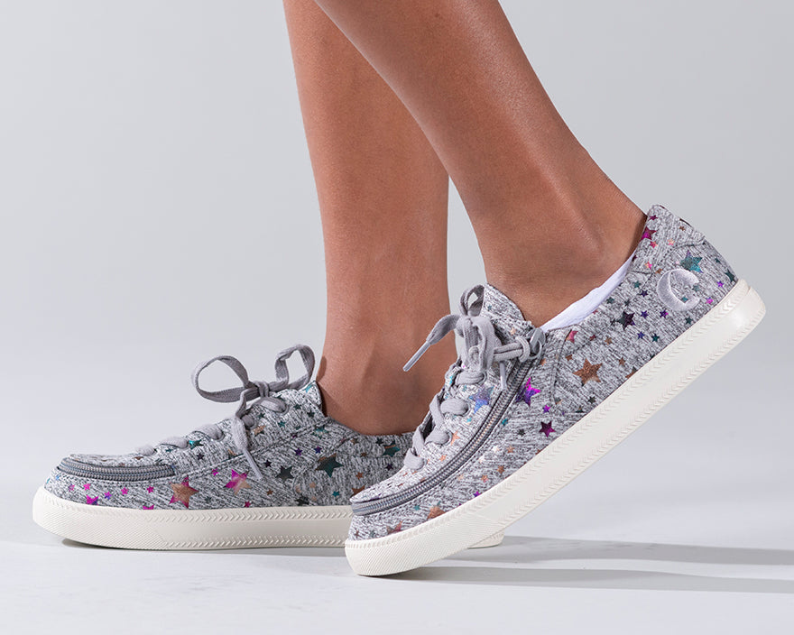 Kid's Heather Grey Star BILLY Classic Lace Lows shown on feet, featuring adjustable laces and a star pattern, ideal for stylish, comfortable wear.