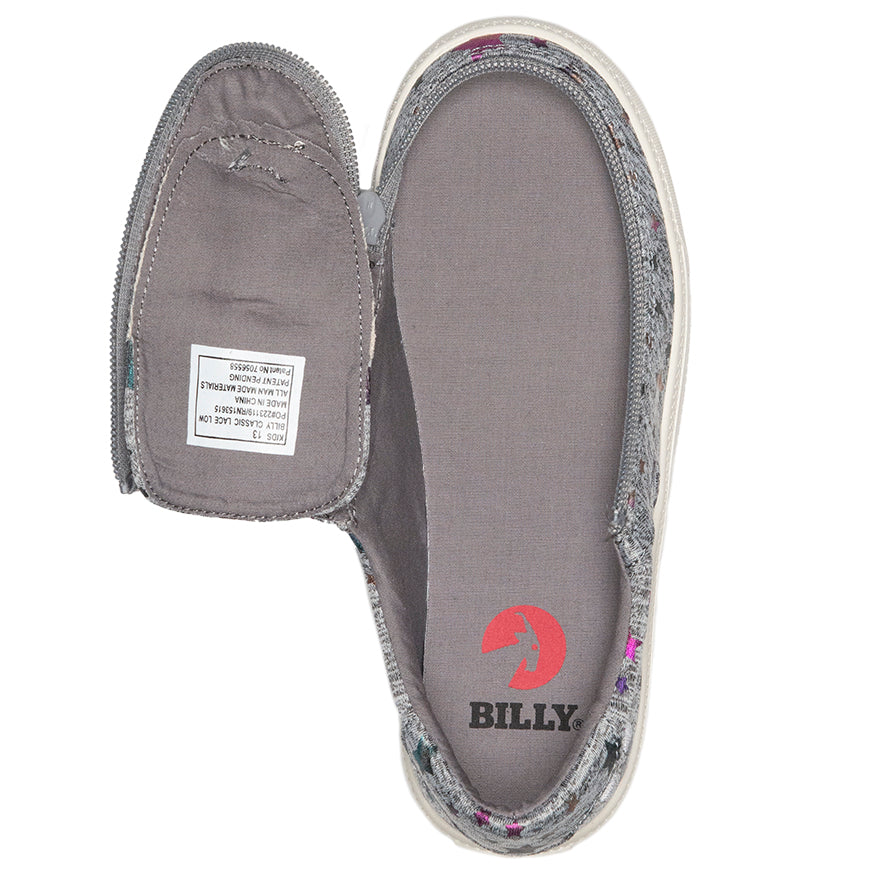 Kid's Heather Grey Star BILLY Classic Lace Lows, featuring a grey slipper design with pink and white accents, adjustable cotton-blend laces, and removable inserts.