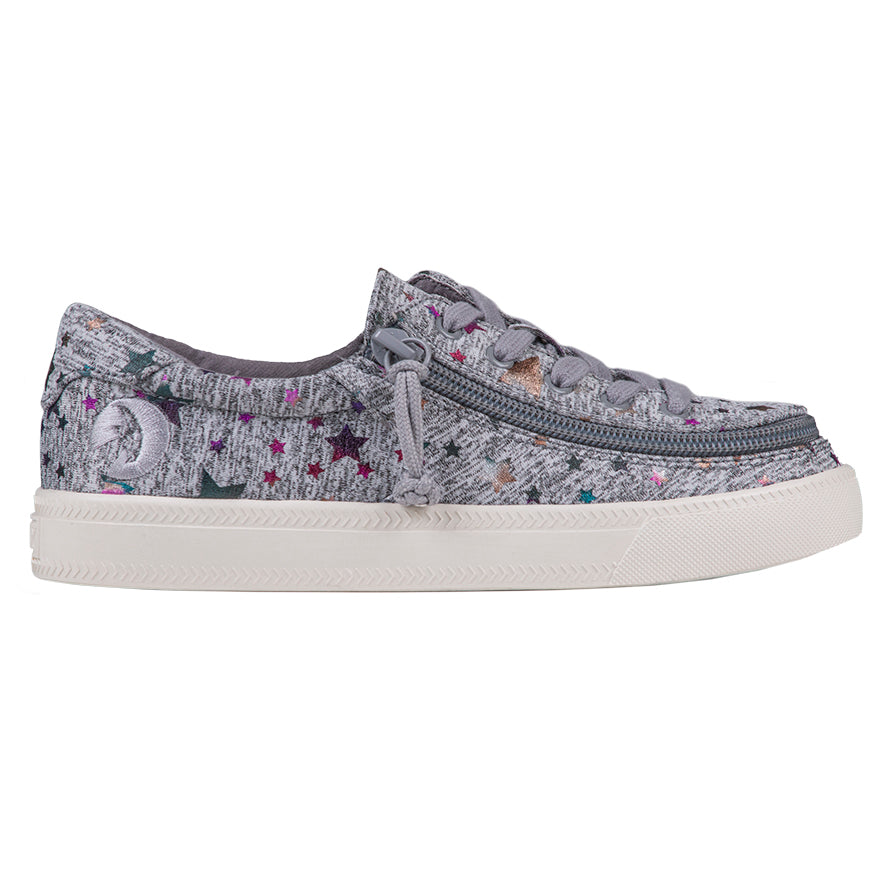 Kid's Heather Grey Star BILLY Classic Lace Lows, featuring star and moon patterns on chambray linen, adjustable cotton-blend laces, and a durable rubber outsole.