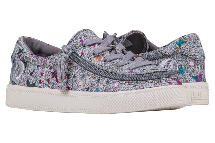 Kid's Heather Grey Star BILLY Classic Lace Lows featuring a zipper for easy access, designed with printed chambray linen and adjustable cotton-blend laces.