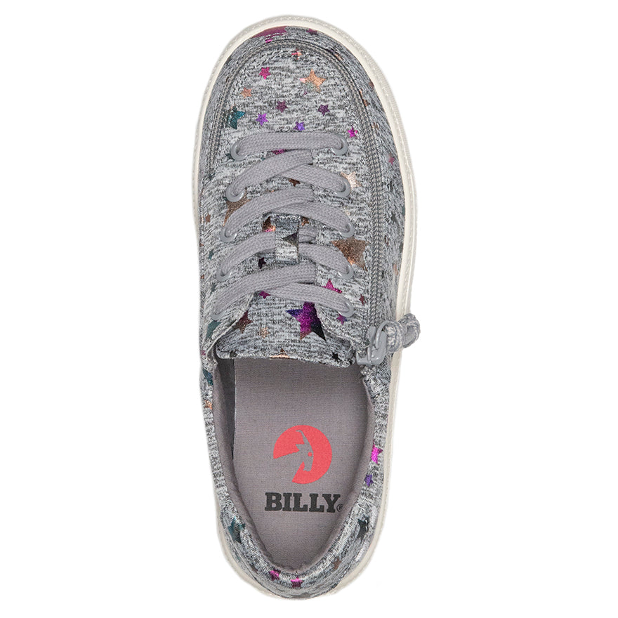 Kid's Heather Grey Star BILLY Classic Lace Lows showcasing star print on chambray linen, designed for easy wearing with adjustable cotton-blend laces.