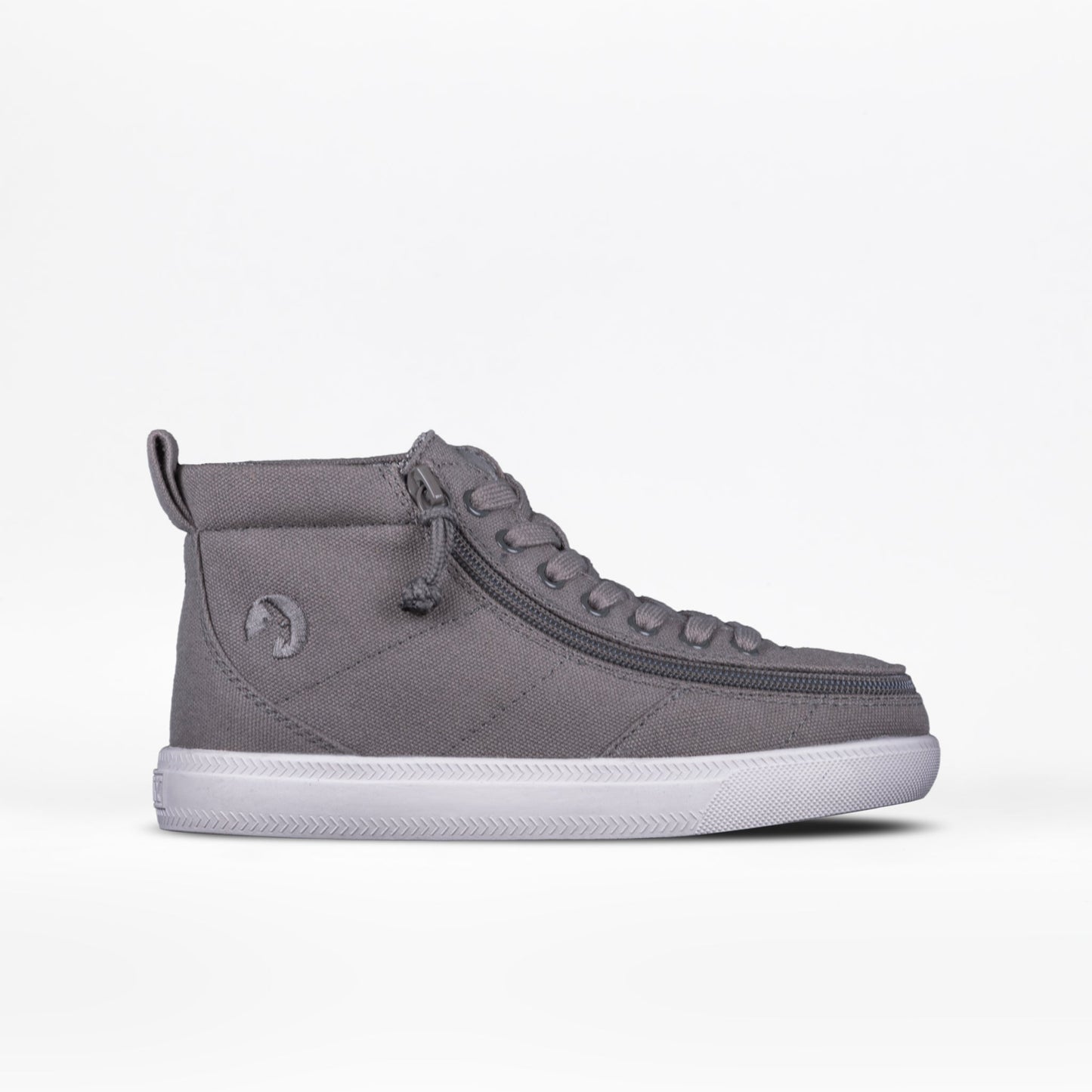 Kids - Dark Grey BILLY Classic D|R High Top shoe with white sole, zipper closure, and functional laces for adjustable fit, designed for easy entry.