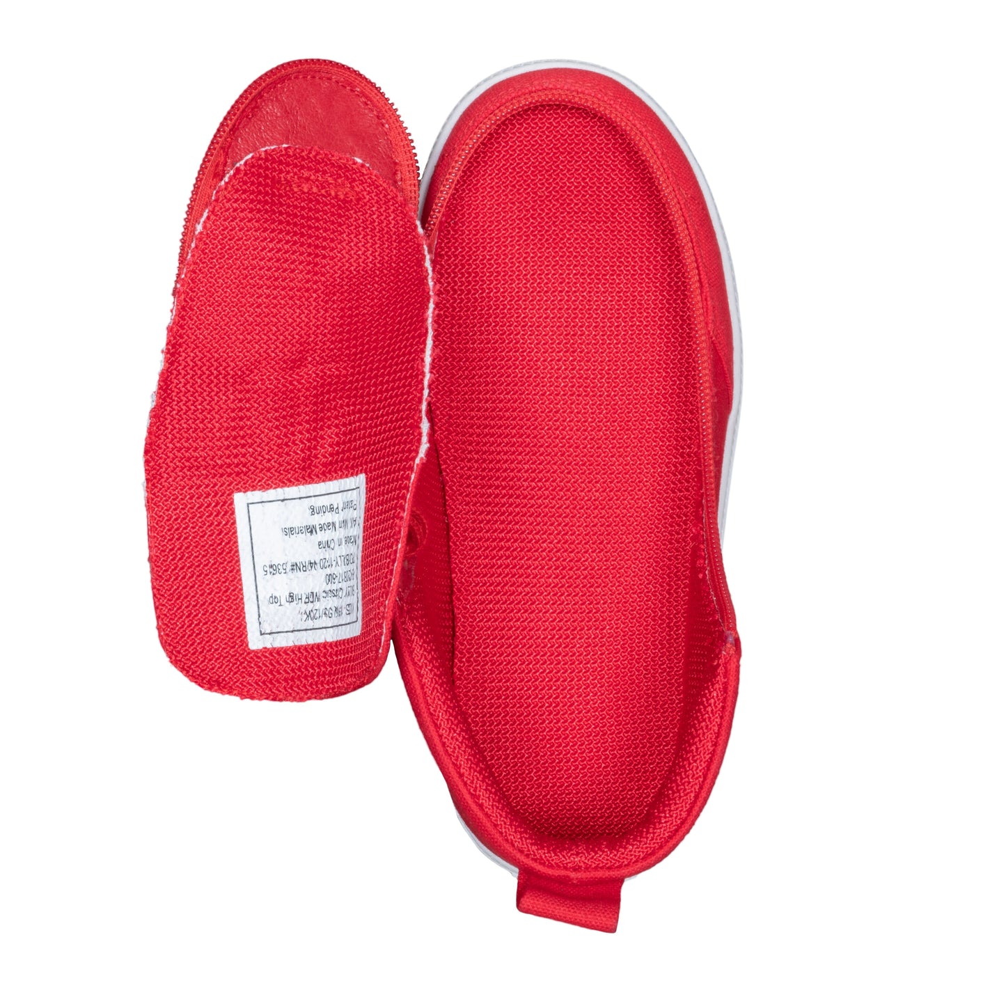 Red BILLY Classic D|R High Top shoes with white soles, featuring functional laces, a full-wrap zipper closure, and durable knit polyester fabric.