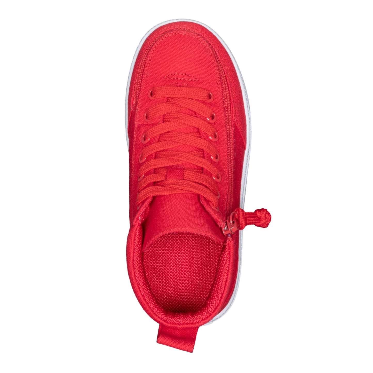 Red BILLY Classic D|R High Top shoe with white sole, functional laces, and full-wrap zipper for easy entry, designed for durability and adjustable fit.