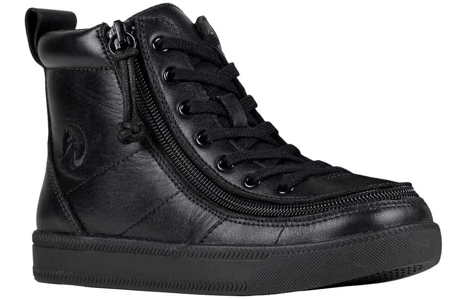 Black to the Floor Leather BILLY Classic Lace High Tops featuring a black design with both laces and a zipper, ideal for versatile styling.