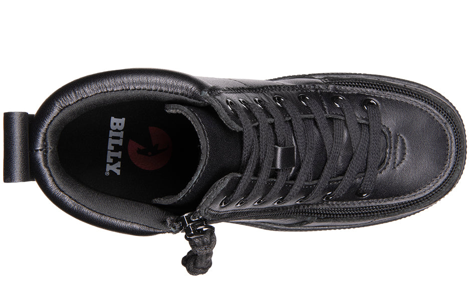 Black to the Floor Leather BILLY Classic Lace High Tops featuring a black design with adjustable laces, zipper, and removable inserts, ideal for stylish versatility.