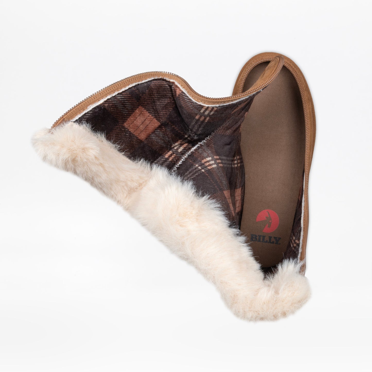 Toddlers - Chestnut BILLY Cozy II slipper with plaid flannel lining, cream faux fur trim, and easy zip closure for effortless wear.