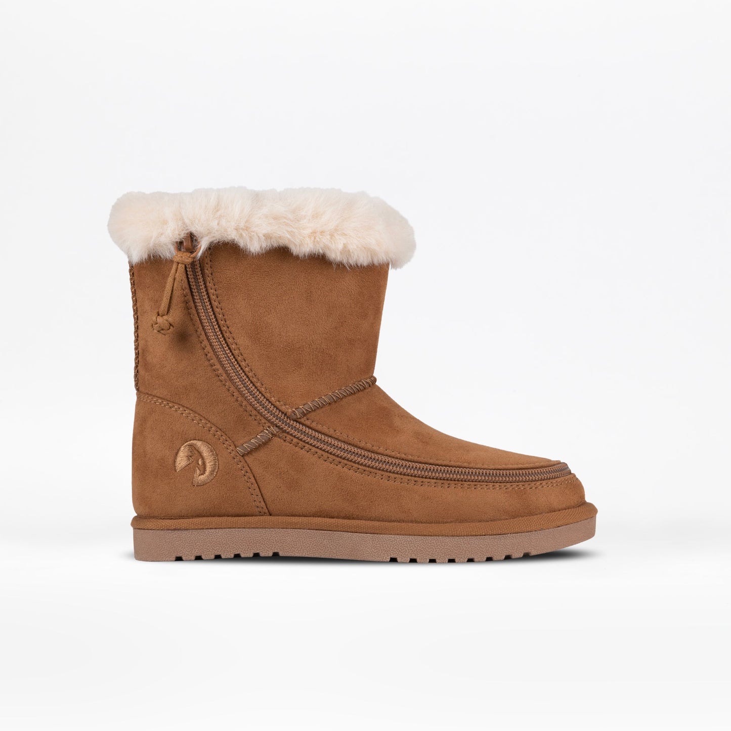 Toddlers - Chestnut BILLY Cozy II: Tan suede winter boot with faux-fur cuff, easy-access zipper, and ridged sole, designed for comfort and ease for toddlers.