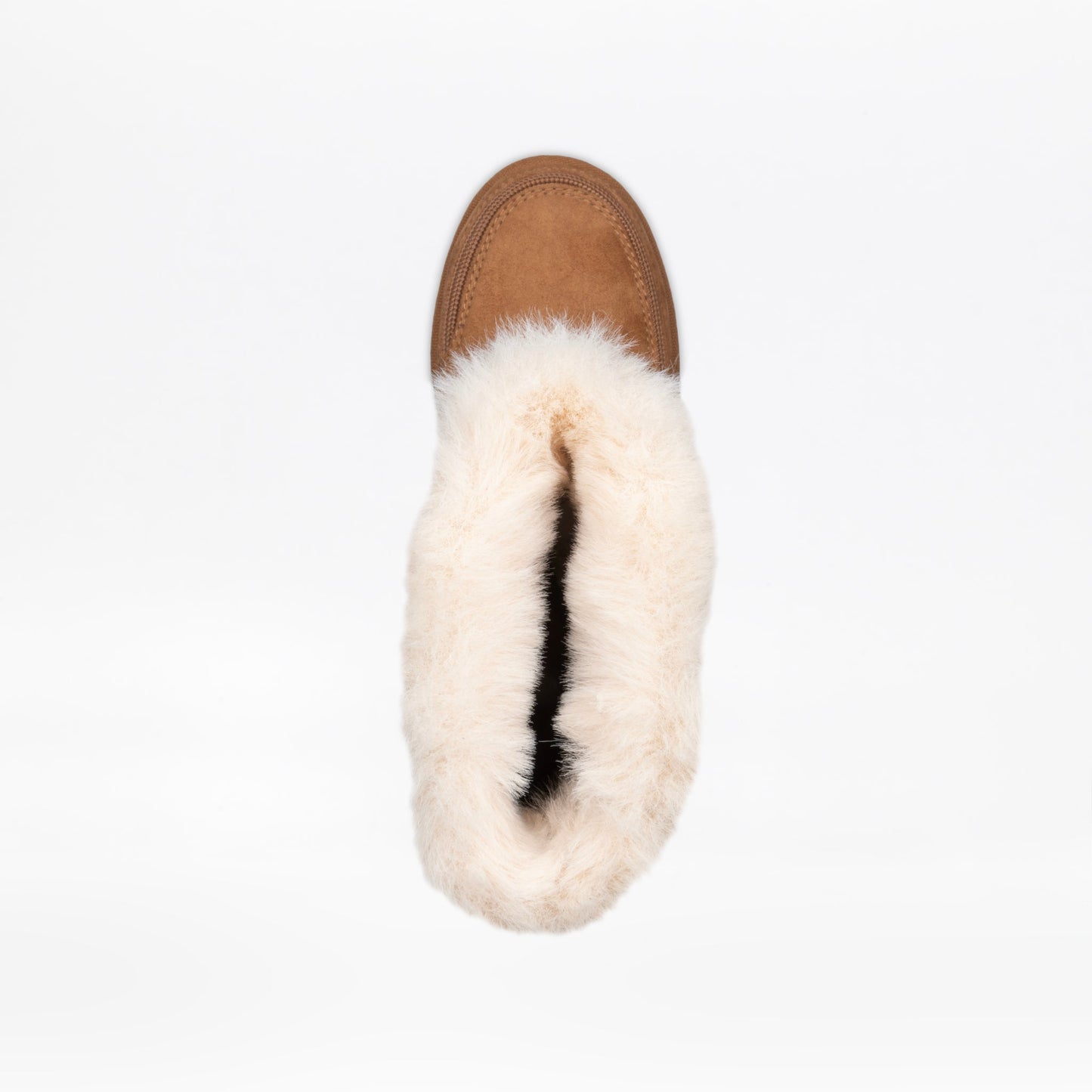 Top-down view of a single Toddlers - Chestnut BILLY Cozy II boot, featuring brown suede, cream fur lining, and an easy-access wrap-around zipper.