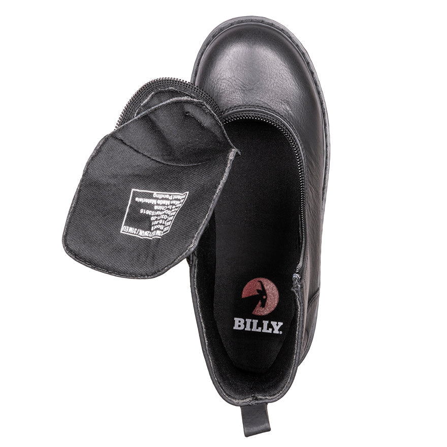 Kid's Black BILLY Boots, zipper shoes, like velcro, that are adaptive, accessible, inclusive and use universal design to accommodate an afo. BILLY Footwear comes in medium and wide width, M, D and EEE, are comfortable, and come in toddler, kids, mens, and womens sizing.