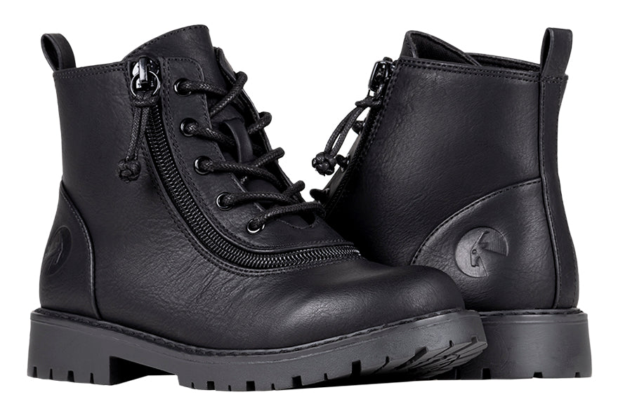 Kid's Black BILLY Boots, zipper shoes, like velcro, that are adaptive, accessible, inclusive and use universal design to accommodate an afo. BILLY Footwear comes in medium and wide width, M, D and EEE, are comfortable, and come in toddler, kids, mens, and womens sizing.