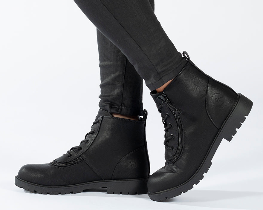Kid's Black BILLY Boots, zipper shoes, like velcro, that are adaptive, accessible, inclusive and use universal design to accommodate an afo. BILLY Footwear comes in medium and wide width, M, D and EEE, are comfortable, and come in toddler, kids, mens, and womens sizing.