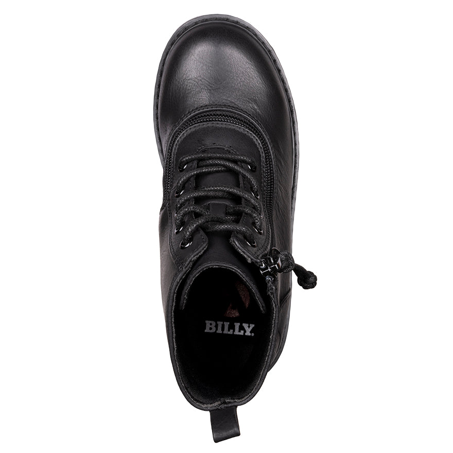 Kid's Black BILLY Boots, zipper shoes, like velcro, that are adaptive, accessible, inclusive and use universal design to accommodate an afo. BILLY Footwear comes in medium and wide width, M, D and EEE, are comfortable, and come in toddler, kids, mens, and womens sizing.