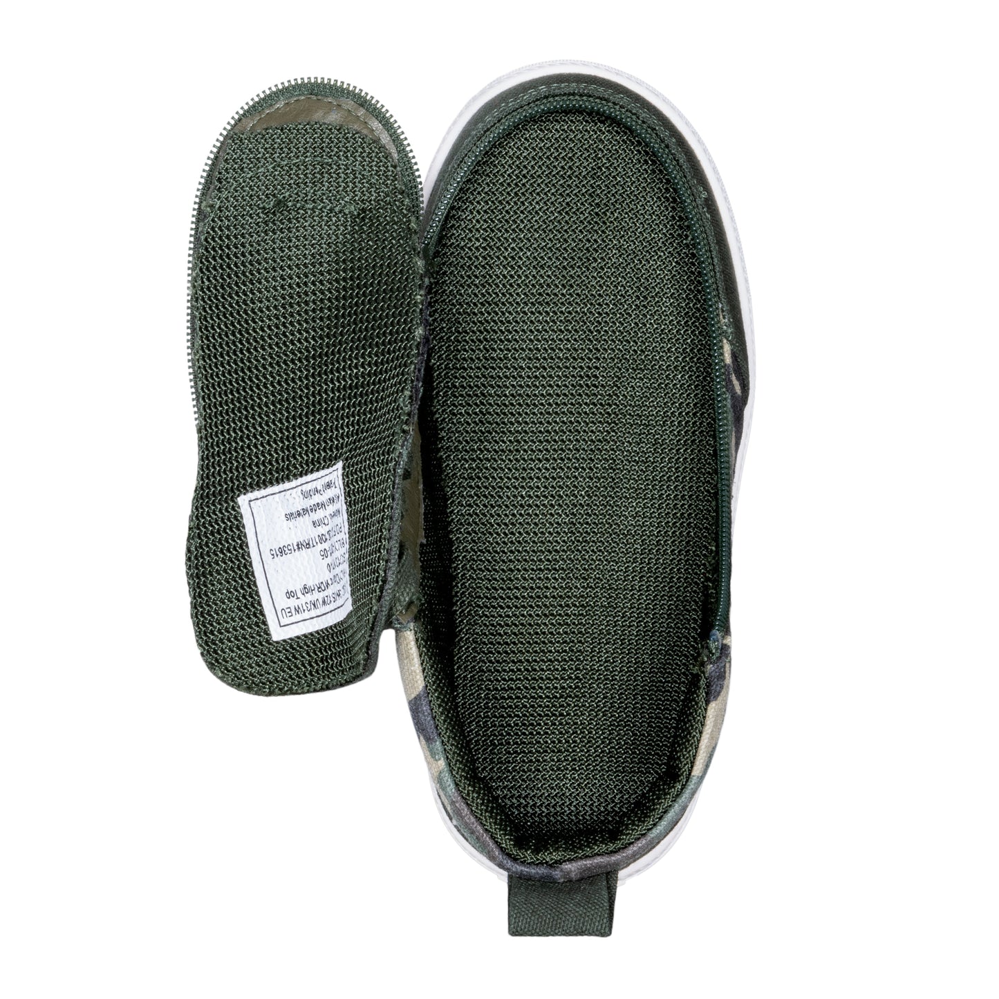 Olive Camo BILLY Classic D|R High Top shoes, featuring adjustable laces, durable knit fabric, and a full-wrap zipper for easy access.