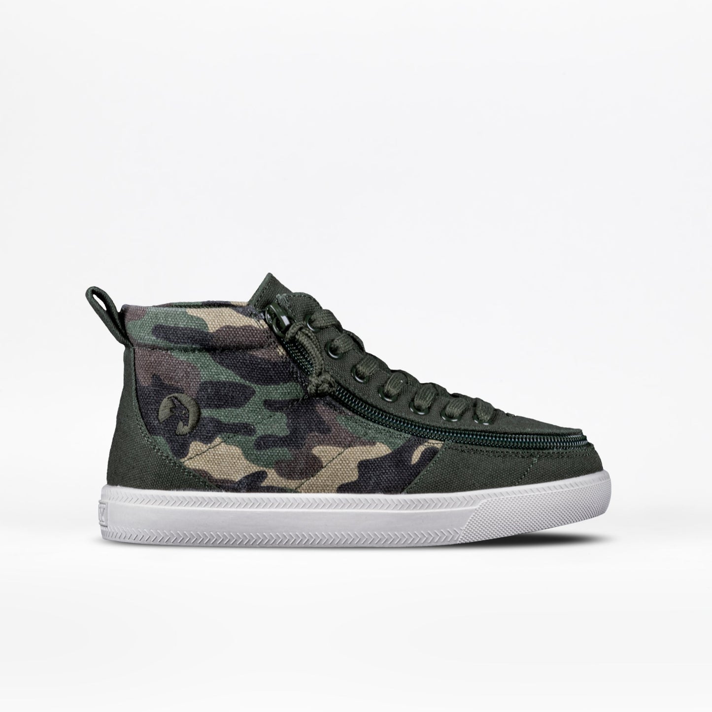 Olive Camo BILLY Classic D|R High Top shoe featuring a camouflage fabric, full-wrap zipper, and adjustable black laces for easy access and custom fit.