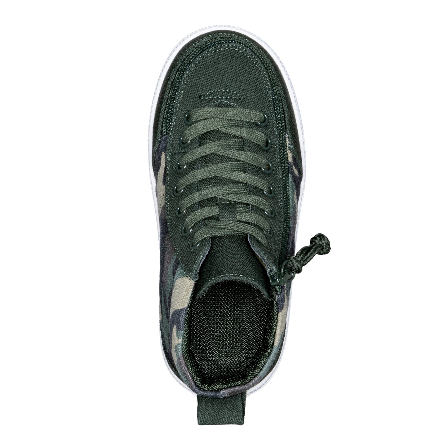 Olive Camo BILLY Classic D|R High Top shoe with camo pattern, functional laces, and full-wrap zipper for easy access. Designed for AFO compatibility and custom orthotics.