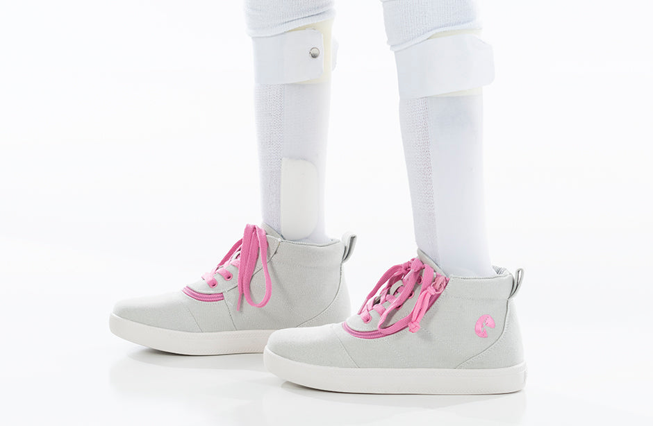 Grey/Pink BILLY D|R Short Wrap High Tops with functional laces and easy-zip feature, worn with white socks and shoes, highlighting accessibility and style.