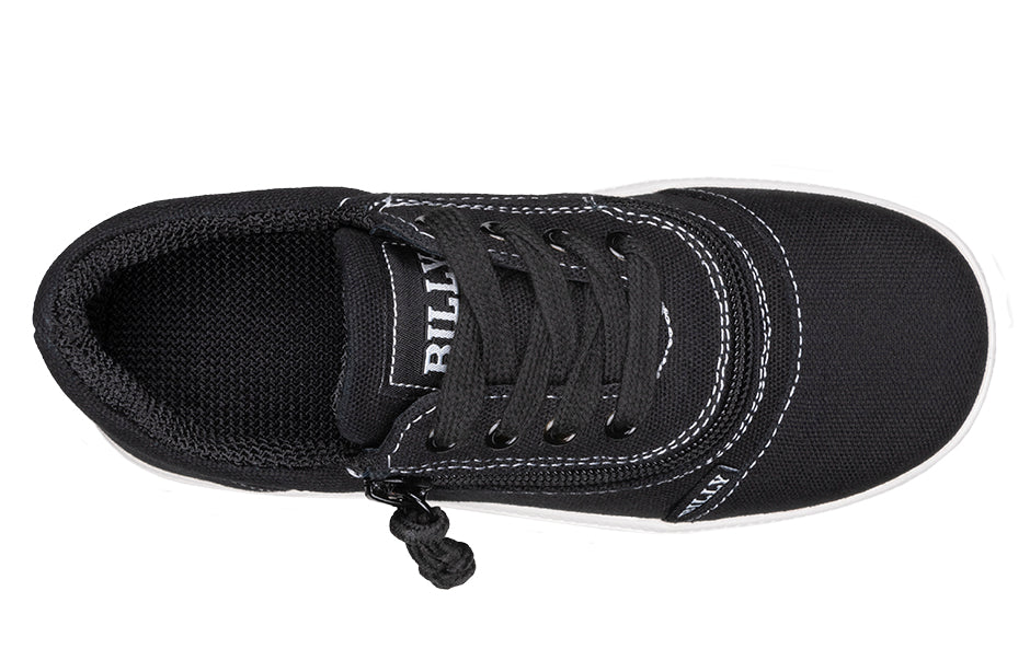 Black/White BILLY D|R Short Wrap Low Tops featuring white stitching, functional laces, and a short wrap zipper for easy access and adjustable fit.