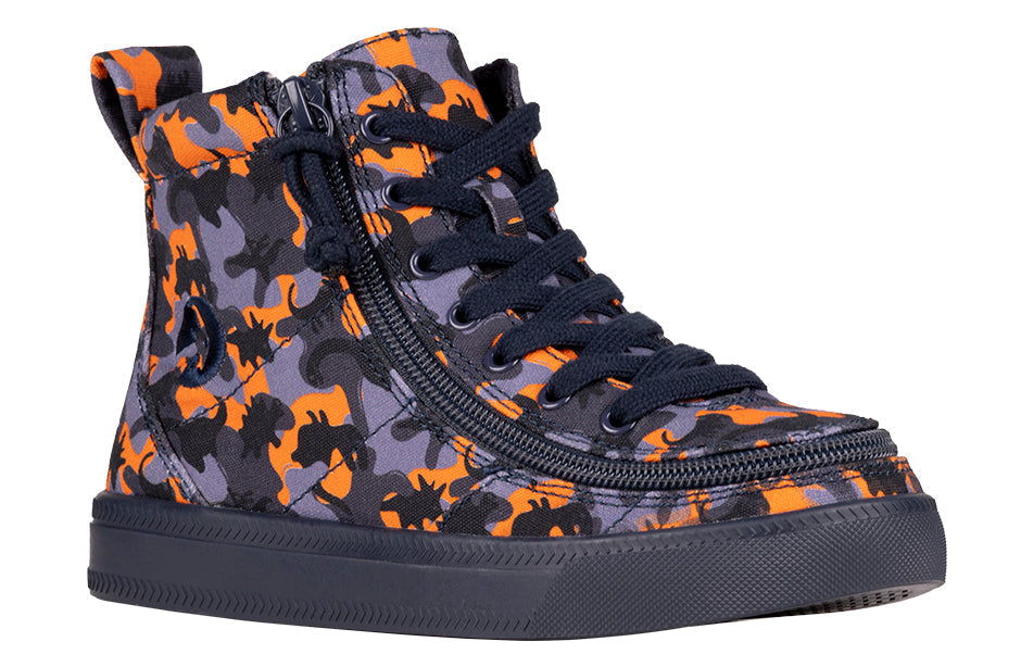Orange Dino BILLY Classic Lace High Tops featuring functional laces, removable insoles, and a convenient wraparound zipper, ideal for kids' easy wear.