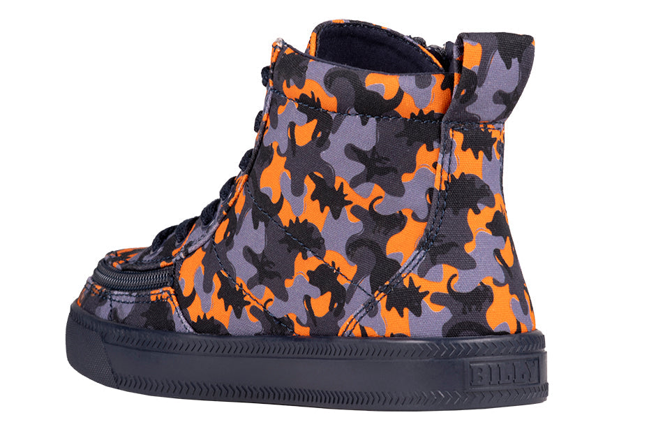 Orange Dino BILLY Classic Lace High Tops, featuring functional laces, removable insoles, and wraparound zipper for convenience. Ideal for kids, available in whole sizes.