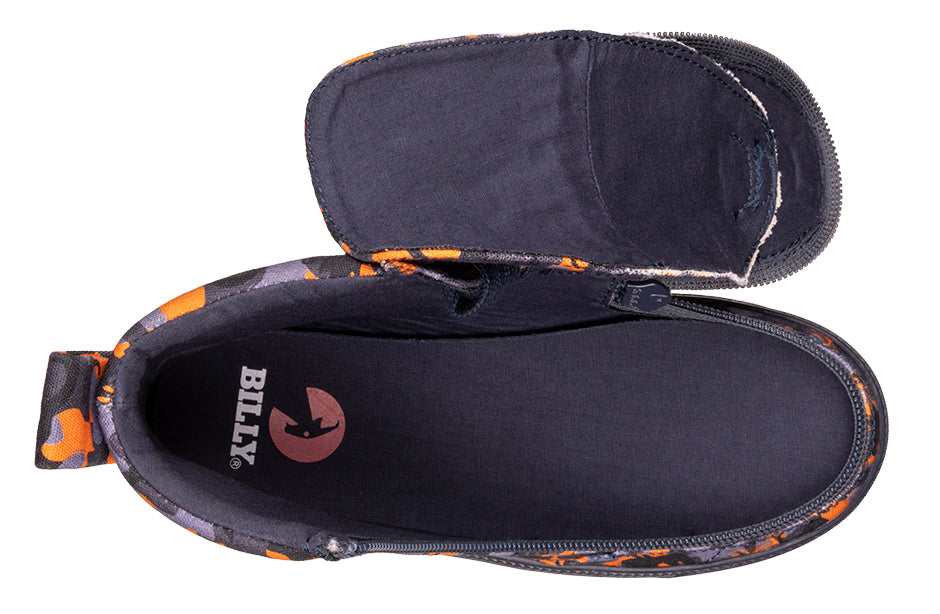 Orange Dino BILLY Classic Lace High Tops featuring functional laces, removable insoles, and a wraparound zipper for easy access, designed for kids' comfort and style.